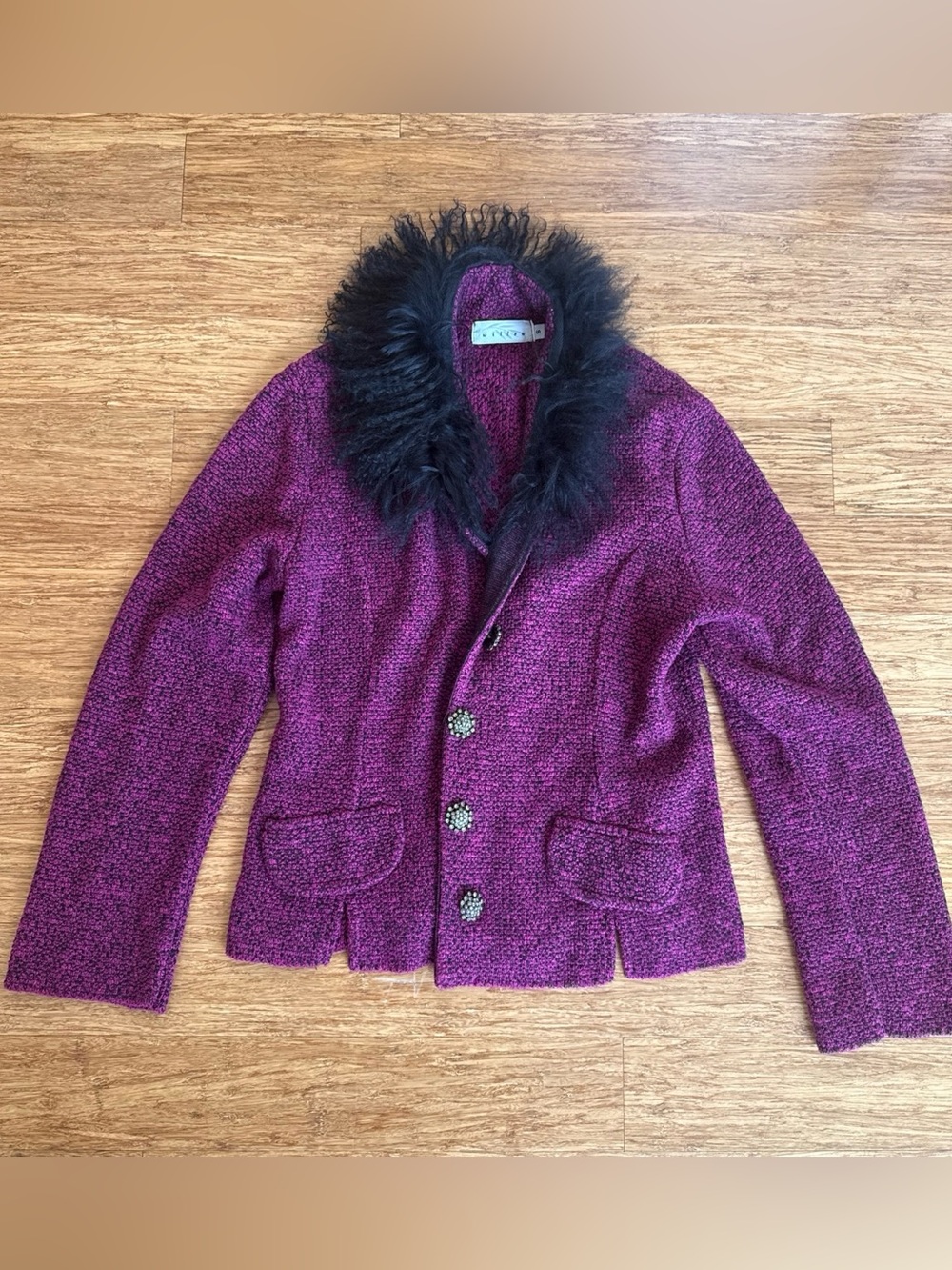 Vintage Y2K fuchsia rhinestone button cardigan with mohair collar size small
